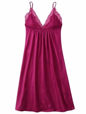 Lace-Trim Satin Chemise Nightdress in Fuchsia
